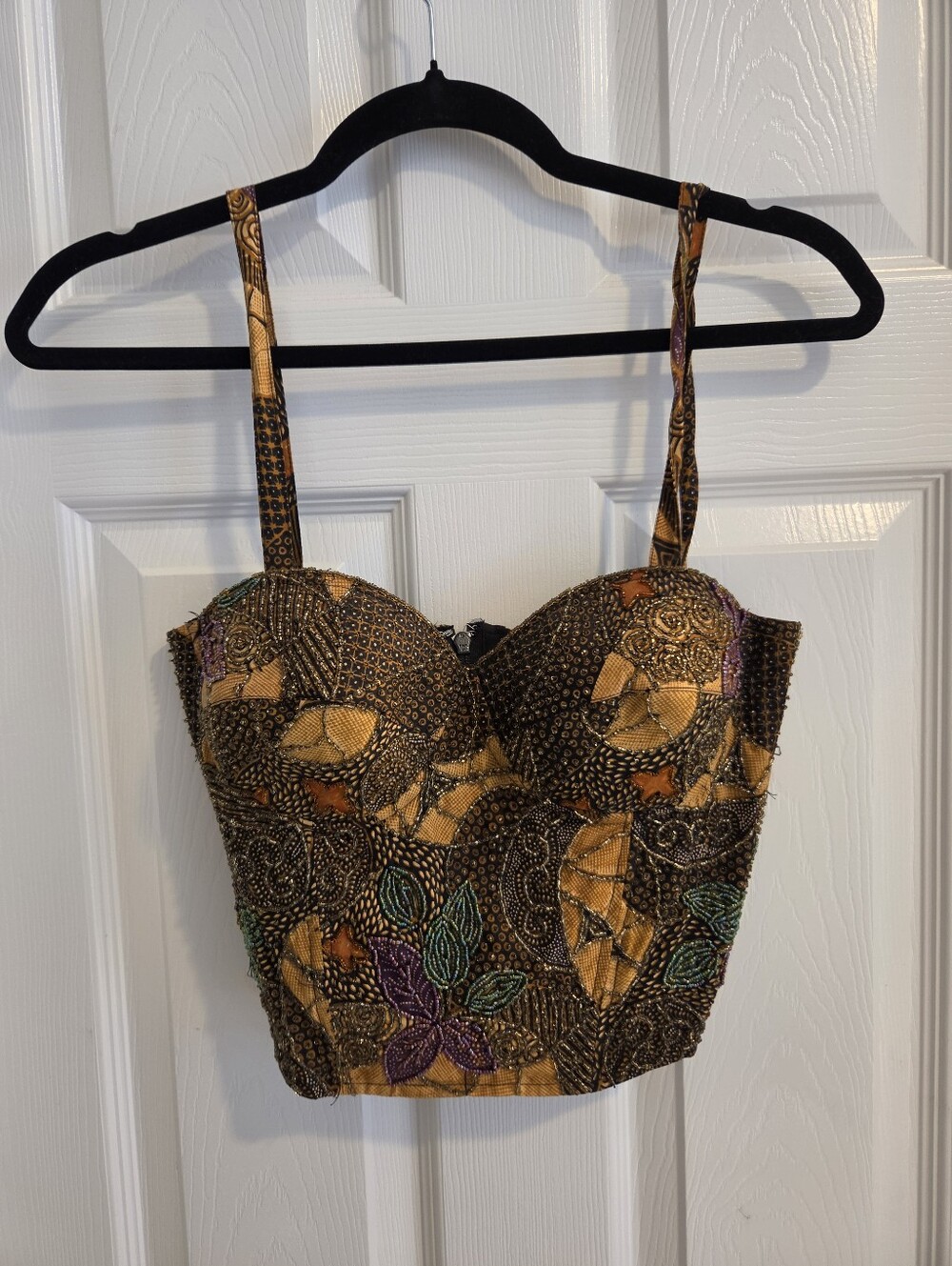 Vintage Caché Beaded Crop Top • Earthy Boho Runway Corset Bustier • Large